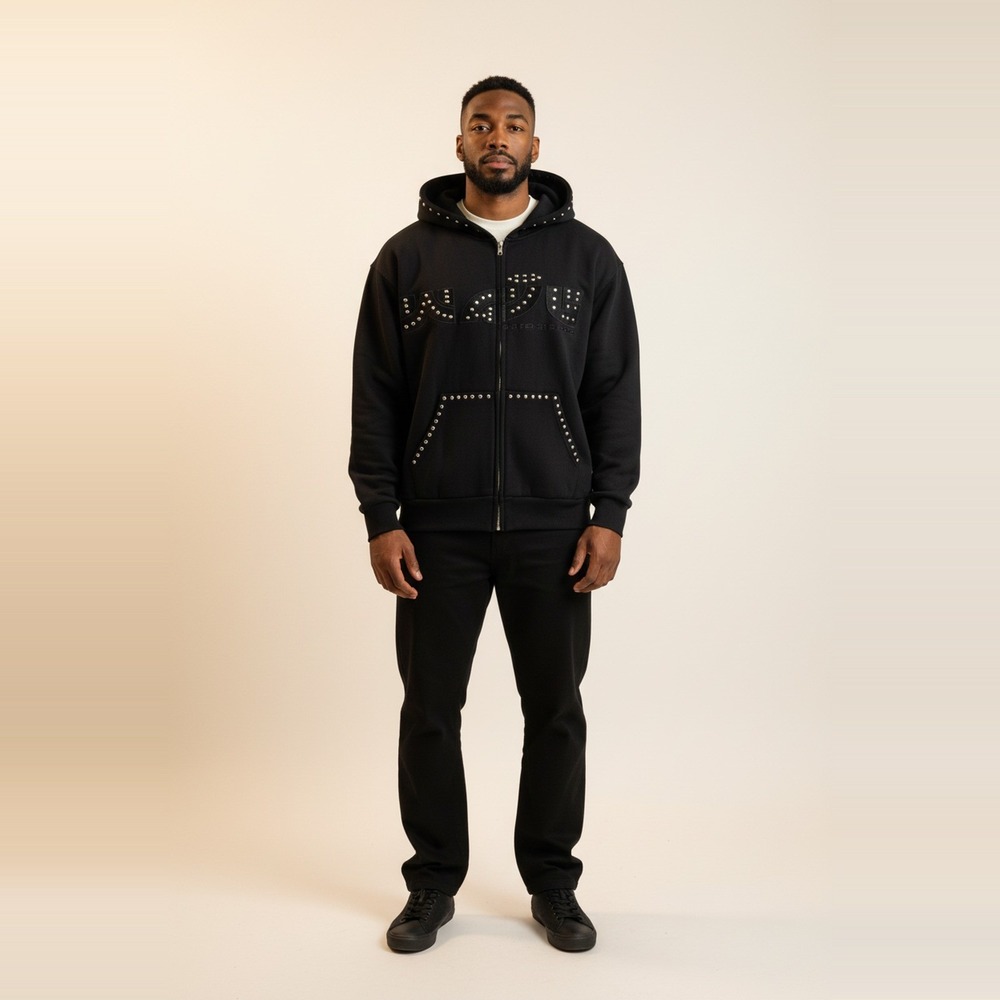Wave District Studio Mens Full Zip Hoodie Black Silver Studded WDS Logo NWT